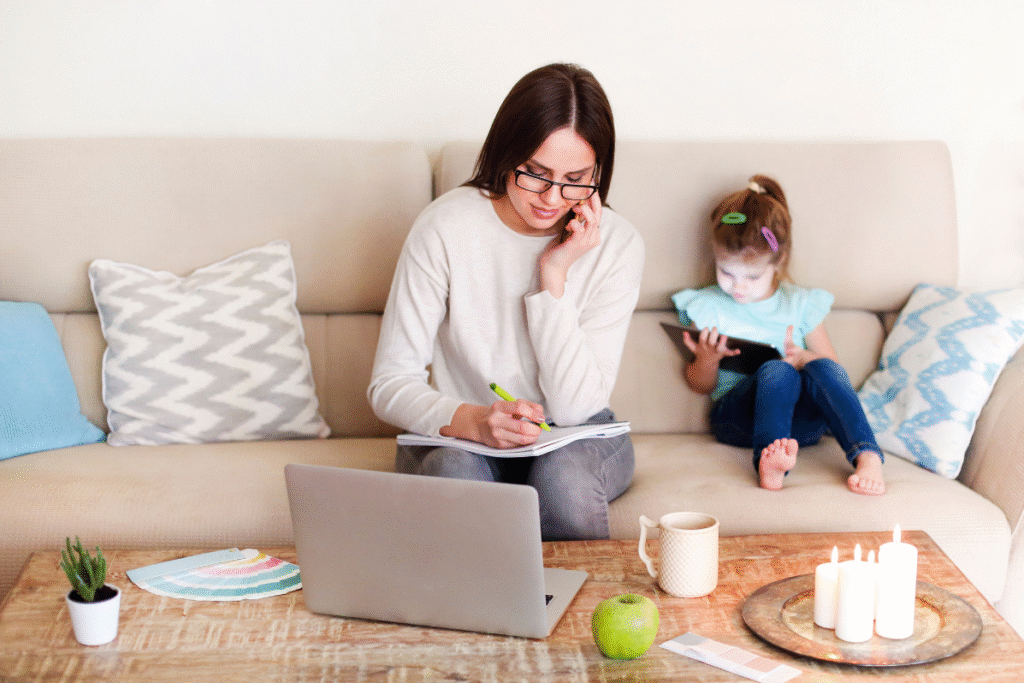 A modern entrepreneur works from home while caring for a baby – illustrating the challenge of juggling business and personal life without support