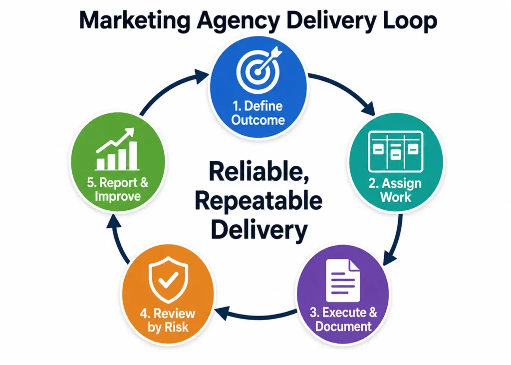 Five-stage marketing agency delivery loop from defining the outcome to reporting and process improvement