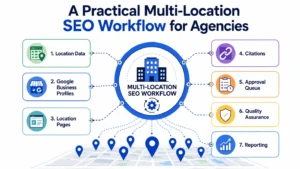 Diagram of a multi-location SEO workflow connecting location data, business profiles, pages, citations, approvals, QA, and reporting