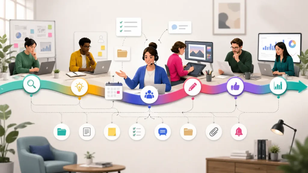 Virtual assistant coordinating handoffs across an agency project from research to reporting