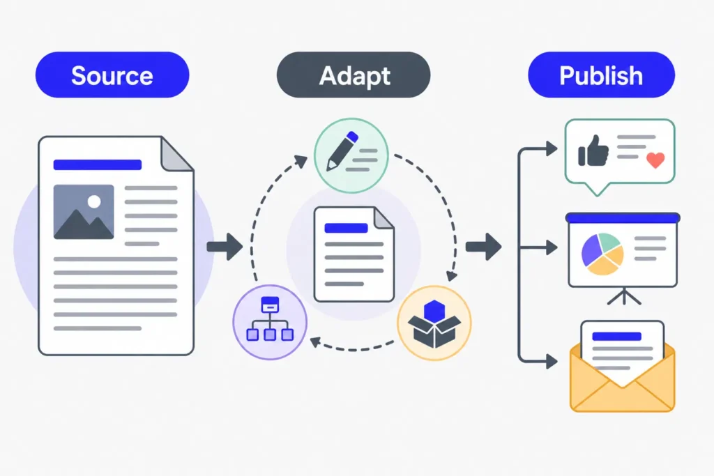 Content repurposing workflow showing one source article adapted into social posts, slides, and email content