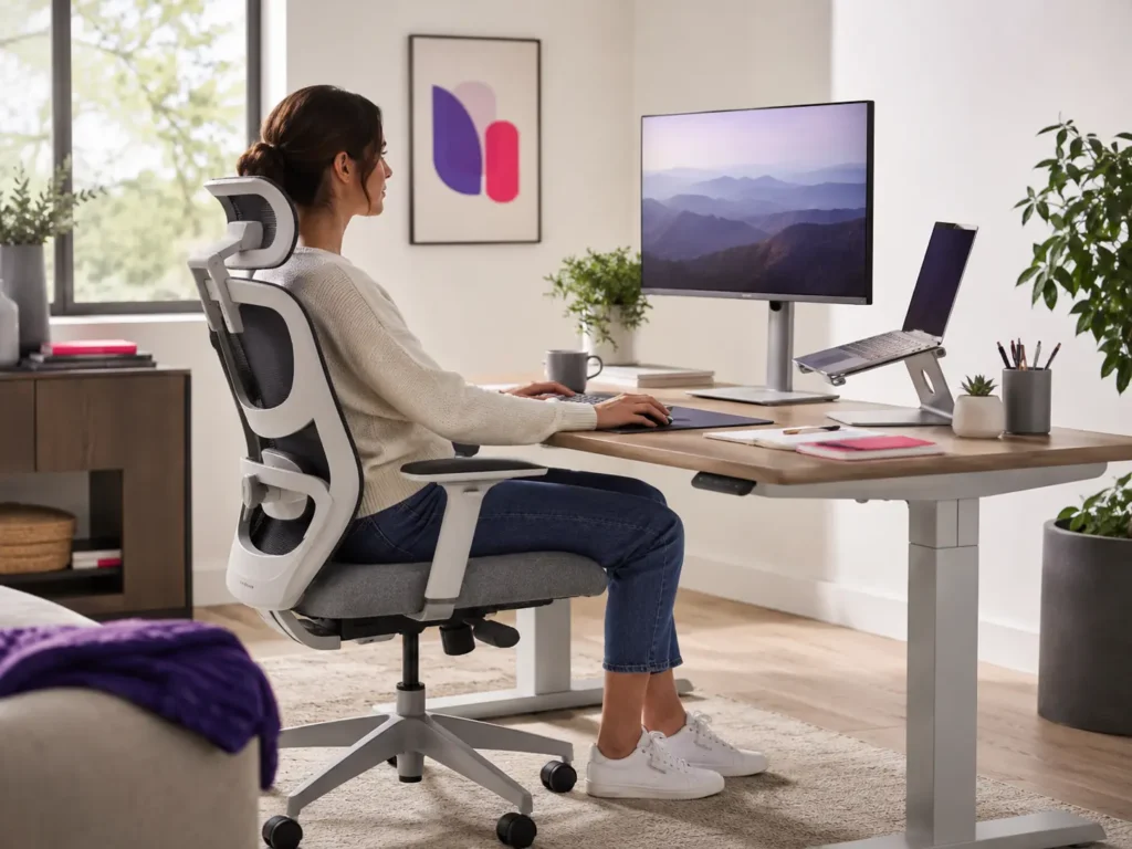 Adjustable office chair, monitor, keyboard and desk arranged as a practical remote-work setup