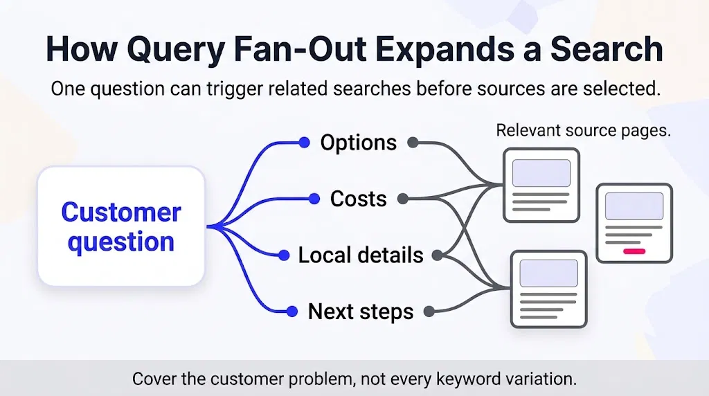 Google AI Search query fan-out diagram showing one customer question branching into related searches and source pages