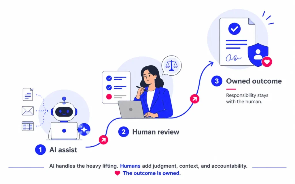 Human and AI virtual assistant workflow showing AI assistance followed by human review, judgment and ownership