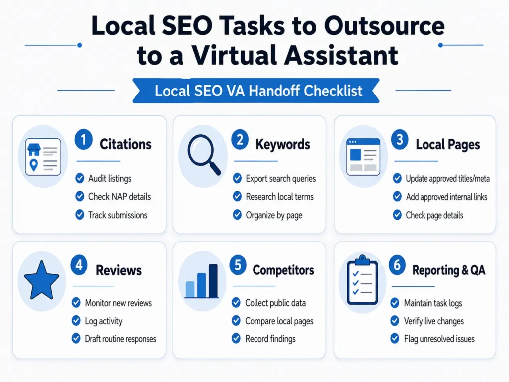 Checklist of local SEO tasks a virtual assistant can handle across citations, keywords, pages, reviews, competitor research, and reporting