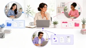 Business owner coordinating several virtual assistants through an organized shared workflow