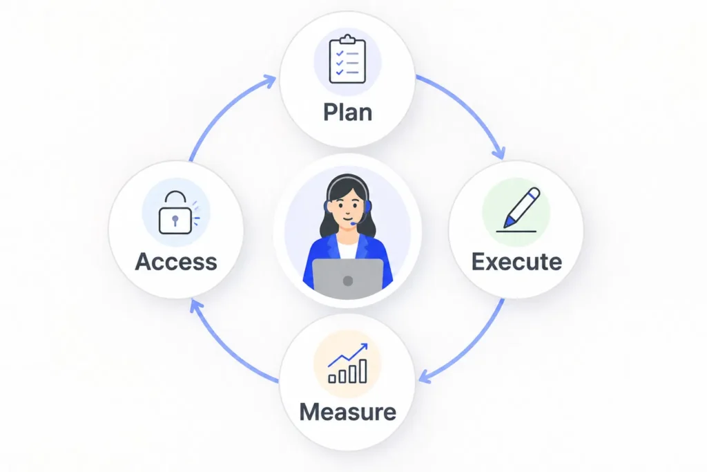 Simple marketing VA system map connecting planning, execution, measurement, and access