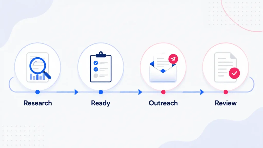 Simple workflow showing work moving from research to ready status, outreach, and review