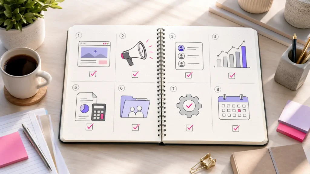 Illustration of a Q4 planning checklist with icons for different work categories