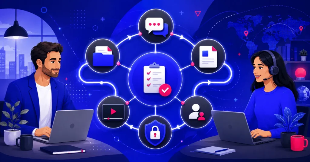 Remote virtual assistant collaboration stack showing separate homes for tasks, communication, SOPs, files, walkthroughs, and credentials