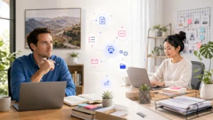 Business owner scaling operations with virtual assistant and AI-assisted support