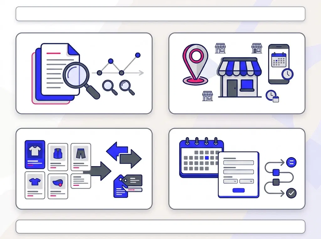 Small-business AI Search impact map comparing research, local service, product and booking searches