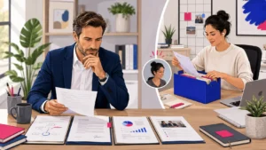 Business owner reviewing high-stakes decisions while a virtual assistant handles supporting preparation