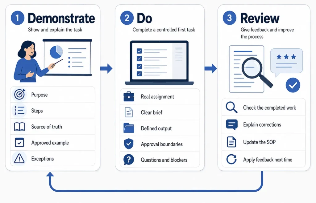 Three-stage method for training a virtual assistant through demonstration, practice, and review