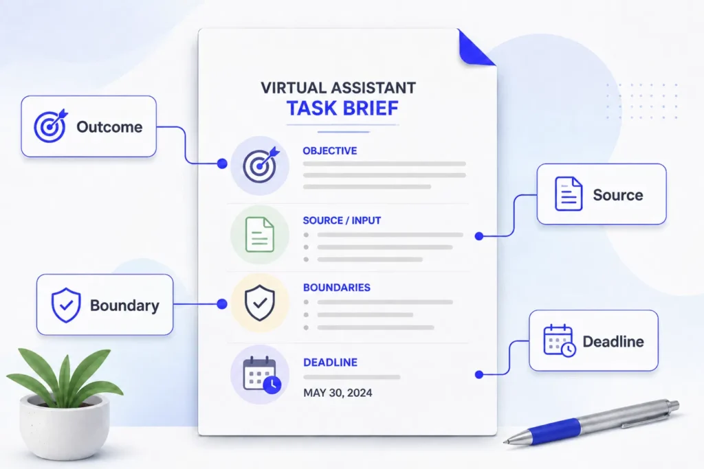 Virtual assistant task brief showing outcome, source, decision boundary, and deadline