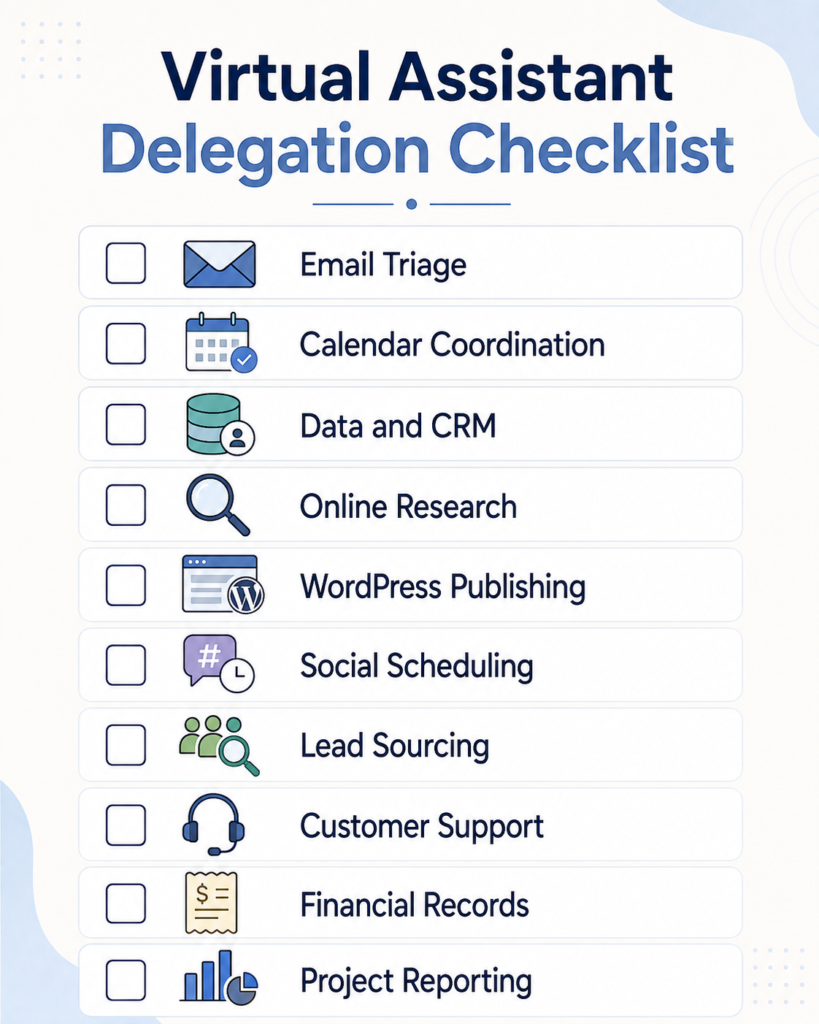 Checklist of ten routine tasks to delegate to a virtual assistant