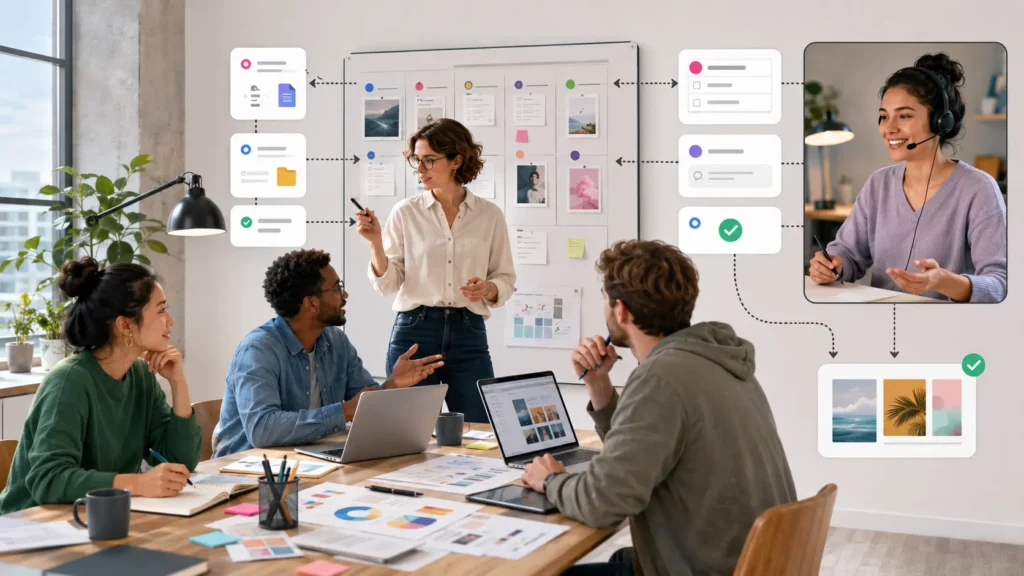 Virtual assistant coordinating tasks between specialists in a marketing agency workflow
