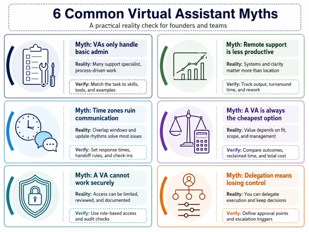 Six myths about virtual assistants with reality checks and questions to verify before hiring