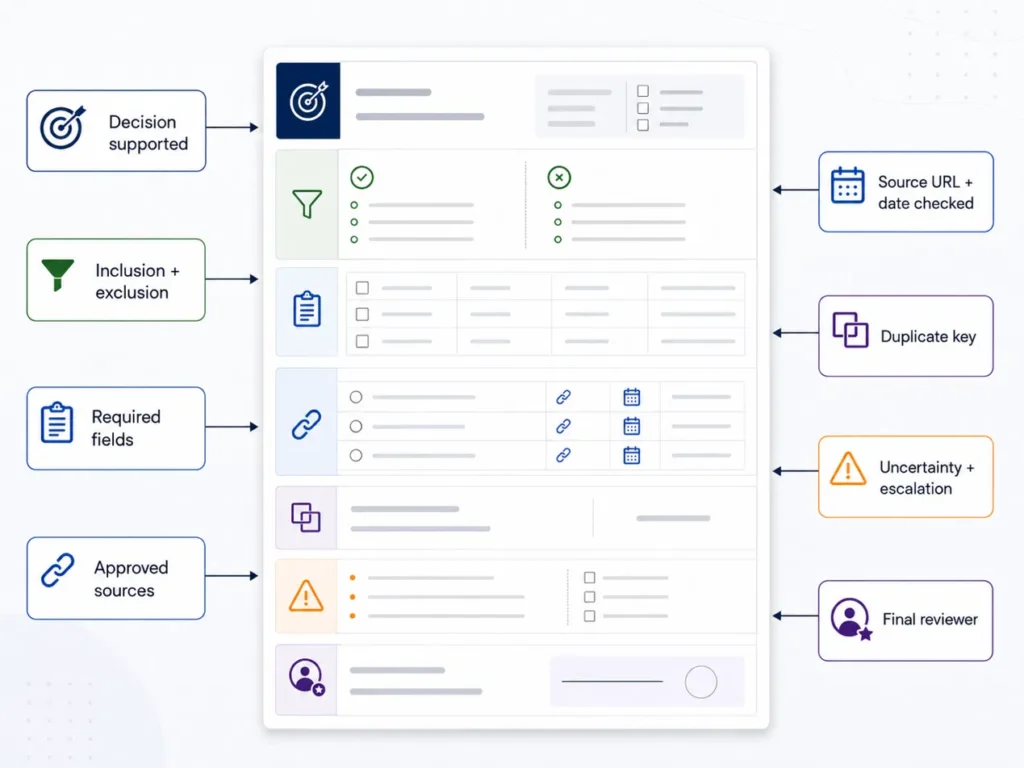 Annotated research and data brief showing source tracking, validation rules, uncertainty flags, escalation rules, and final review