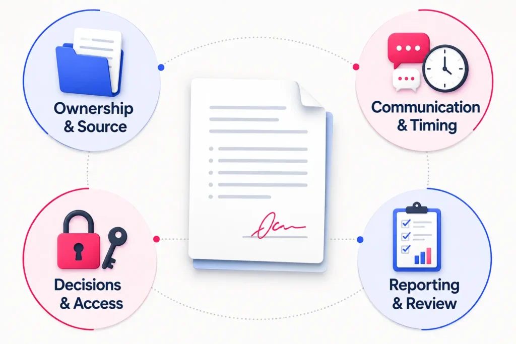Virtual assistant working agreement covering ownership, communication, access, decisions and review rules
