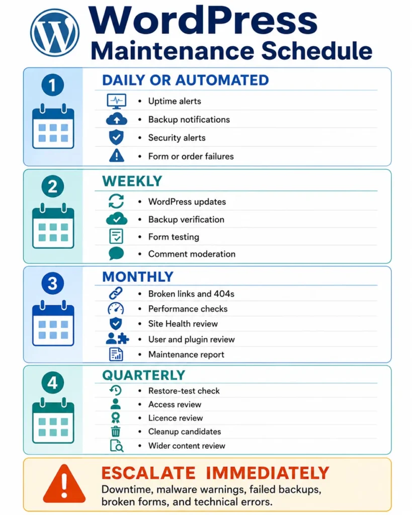 WordPress maintenance checklist organized into daily, weekly, monthly, and quarterly tasks