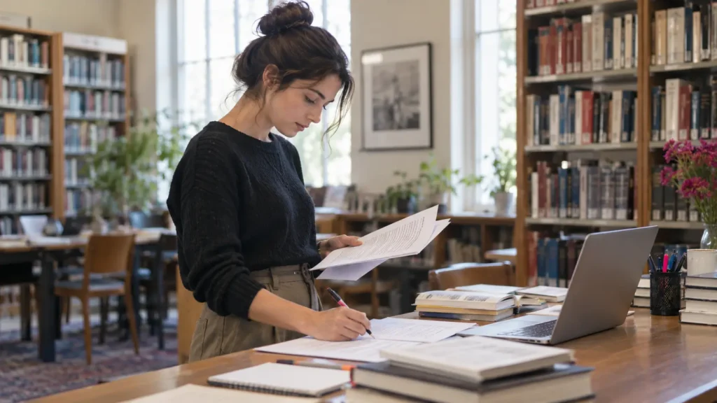 Editor reviewing AI-generated content against source material before publication