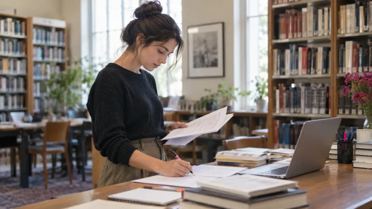 Editor reviewing AI-generated content against source material before publication