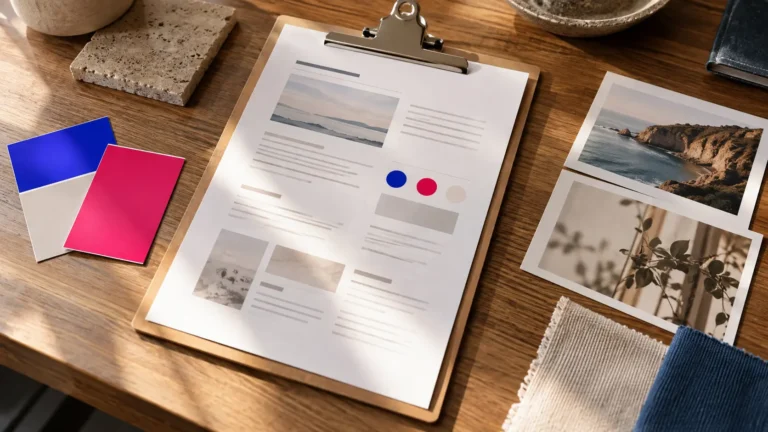 Creative brief displayed with brand reference samples for a virtual assistant content project