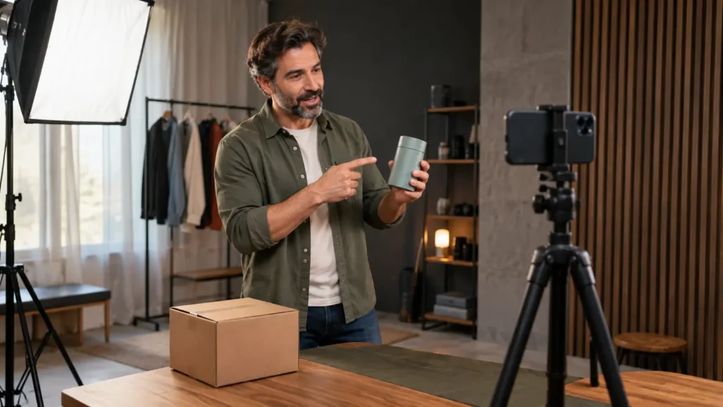 Content creator filming an influencer marketing campaign in a professional studio