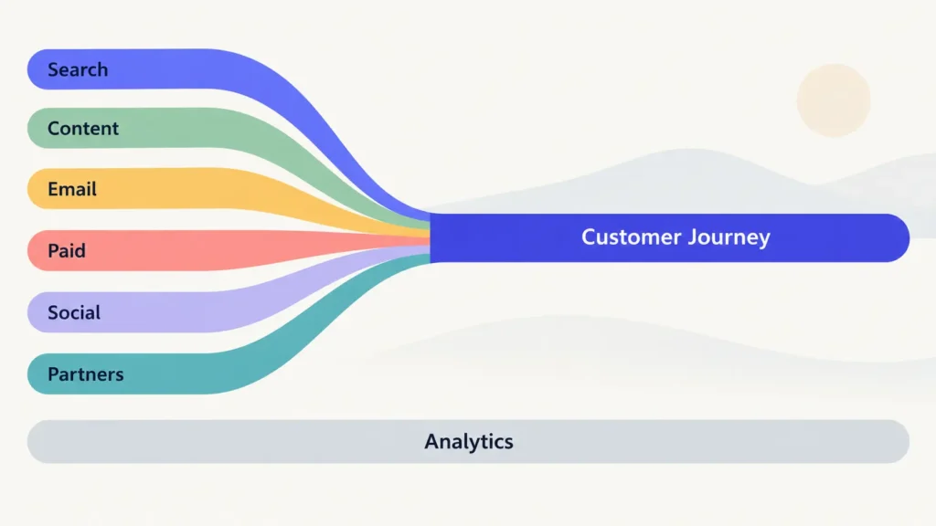 Diagram showing search, content, email, paid, social and partnerships working together across a customer journey