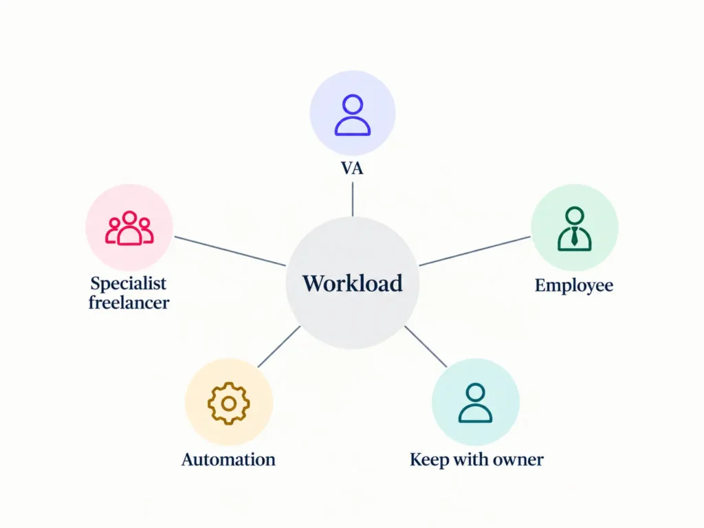Decision matrix comparing virtual assistant, freelancer, employee and automation