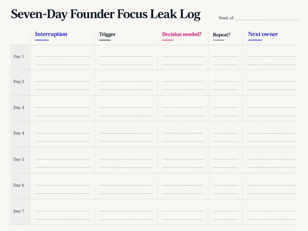 Seven-day founder focus log for identifying tasks and interruptions to delegate