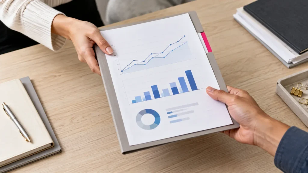 Hands passing a printed analytics report, representing delegated GA4 reporting