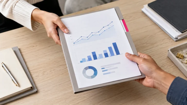 Hands passing a printed analytics report, representing delegated GA4 reporting