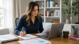 Virtual assistant reviewing AI-assisted business work on a laptop