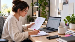 Virtual assistant reviewing a structured keyword research sheet on a laptop