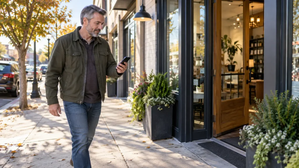 Customer checking phone directions while approaching a local business