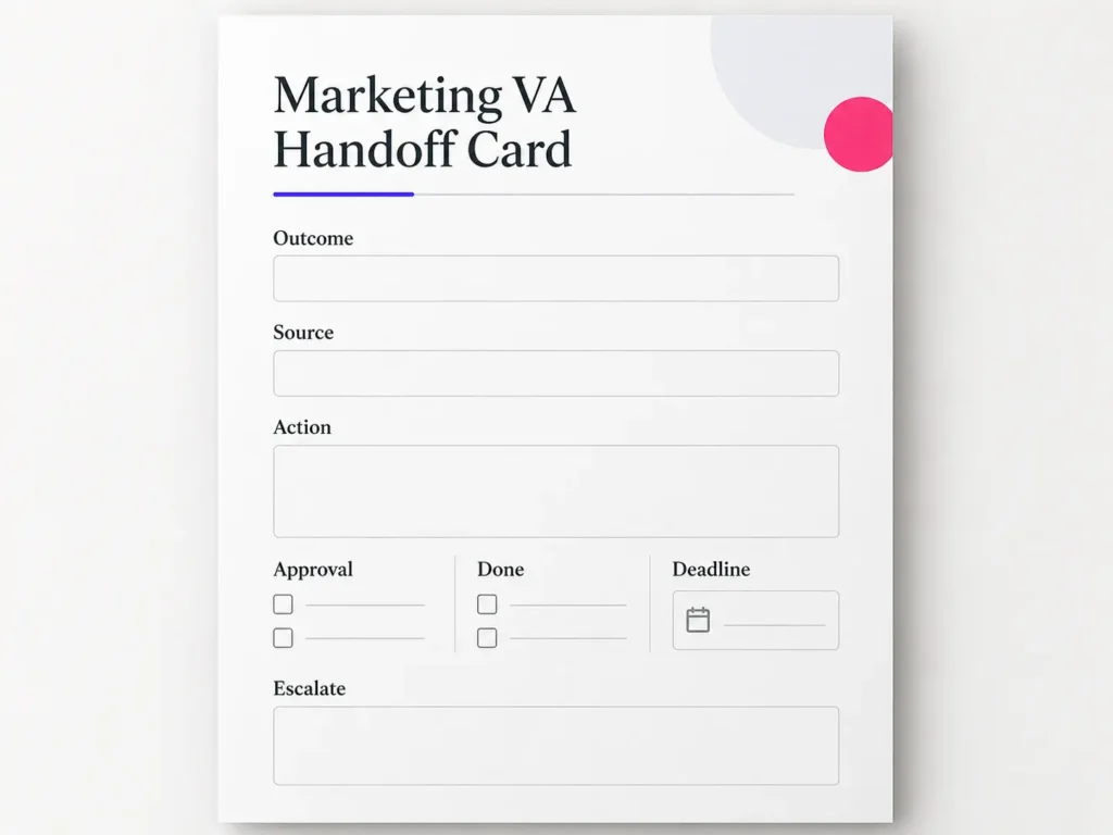 Marketing VA handoff card with scope, approval and review fields