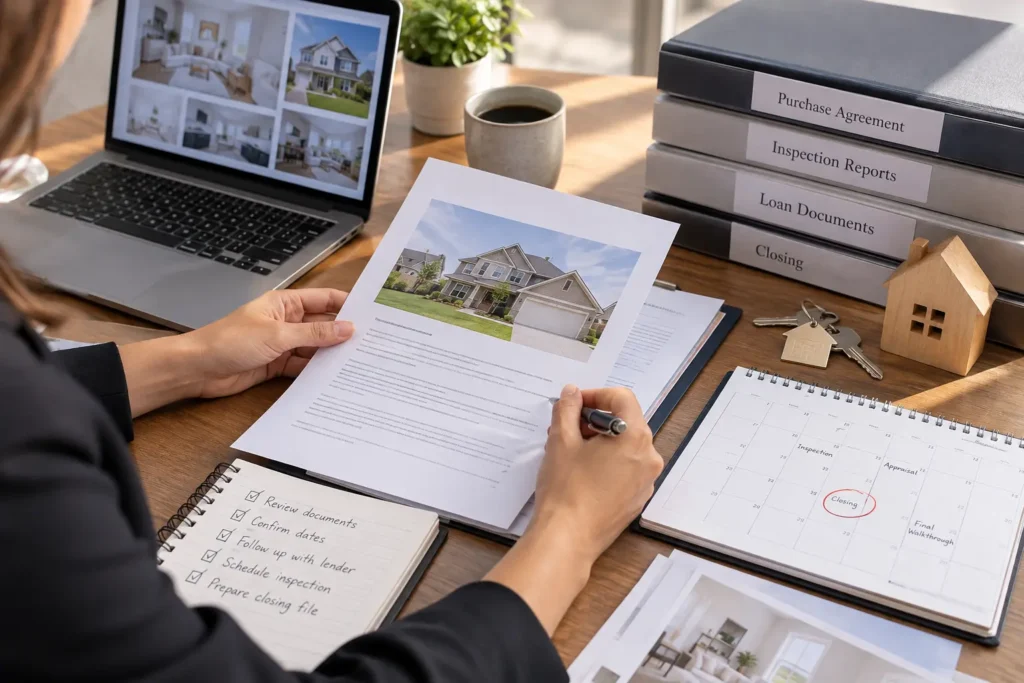 Organized real estate transaction documents and deadline tracking workspace