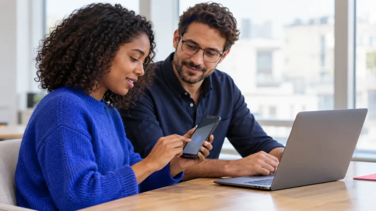 Two professionals confirming secure account access for virtual assistant work