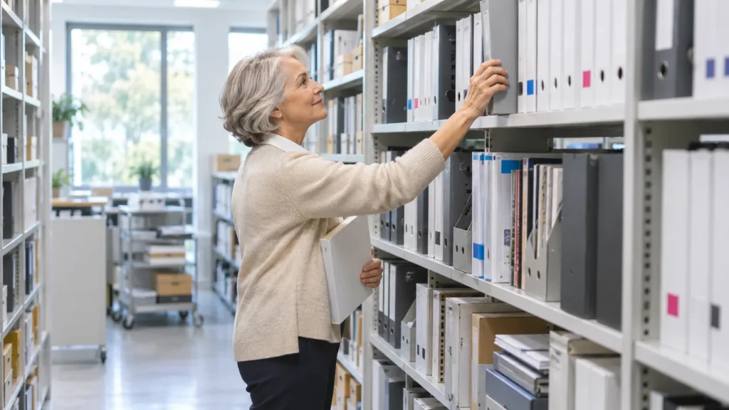 Business professional selecting a process binder from an organized SOP library shelf Caption: An organized SOP library gives each procedure a clear, maintained home.