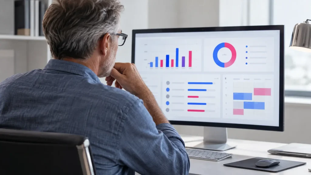 Manager reviewing time and task metrics to track virtual assistant productivity