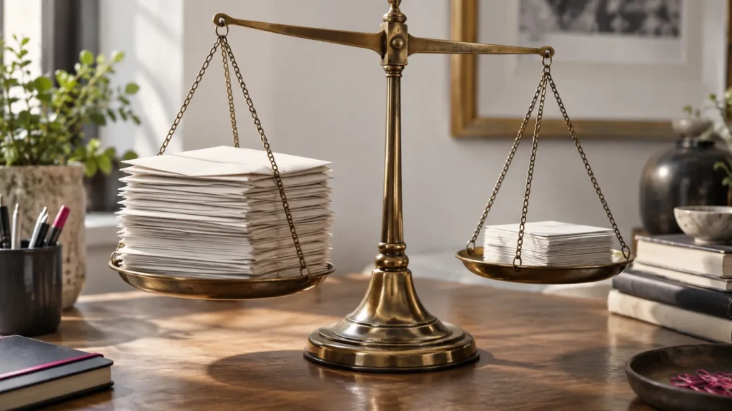Physical balance scale representing virtual assistant and full-time employee cost comparison