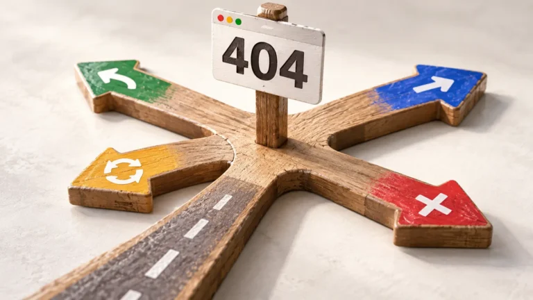 Physical route reaching a branching decision point representing different ways to handle WordPress 404 errors