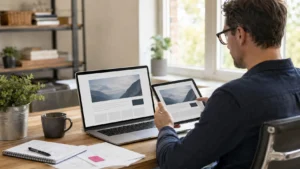 Site manager reviewing a website layout on laptop and tablet