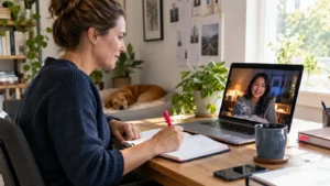 Business owner coordinating with a virtual assistant in a different time zone during a video call