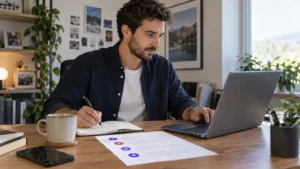 Virtual assistant following a documented SOP while completing a task at a laptop