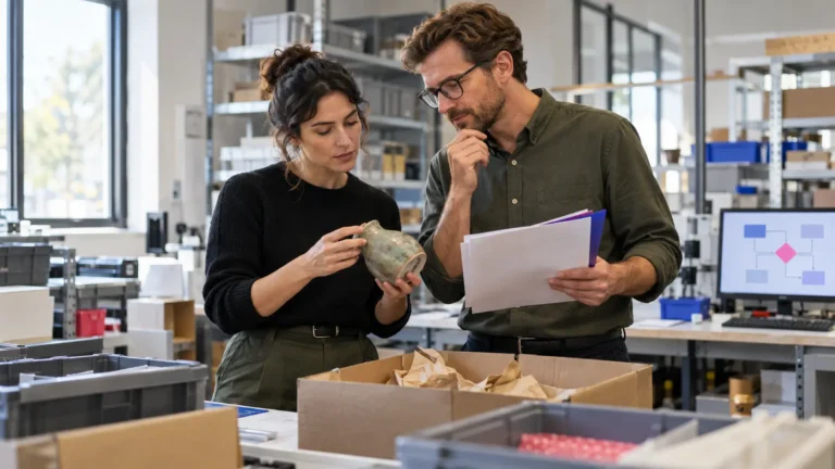 Two professionals reviewing an exception in an AI-assisted business workflow