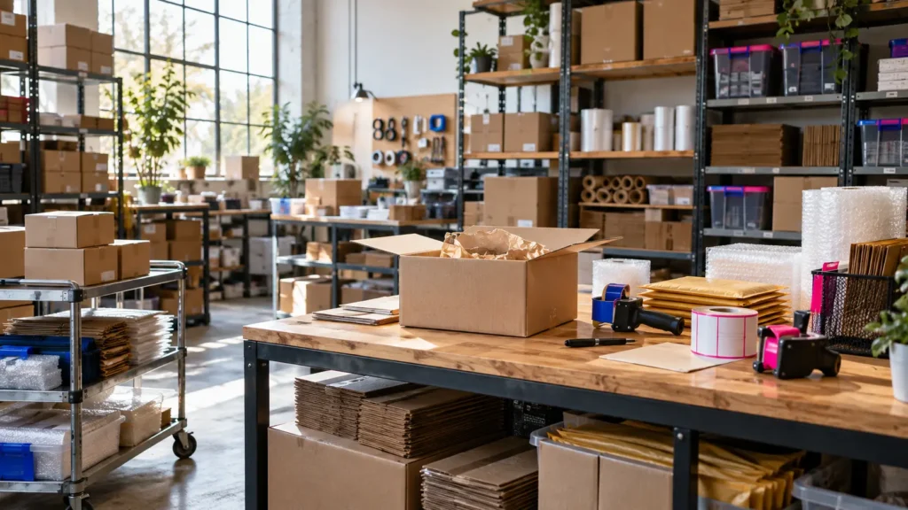 E-commerce stock and packing area organized for Black Friday and Cyber Monday campaign preparation