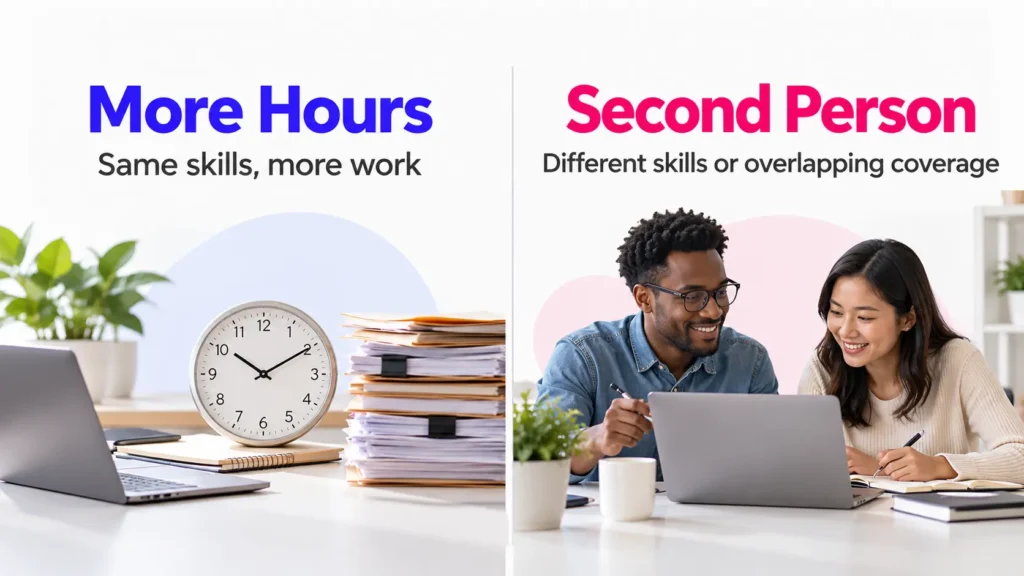 Comparison showing more VA hours for the same work and a second person for different skills or overlapping coverage